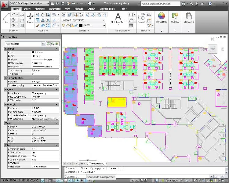 Interface logiciel CAO avec plan architectural coloré.