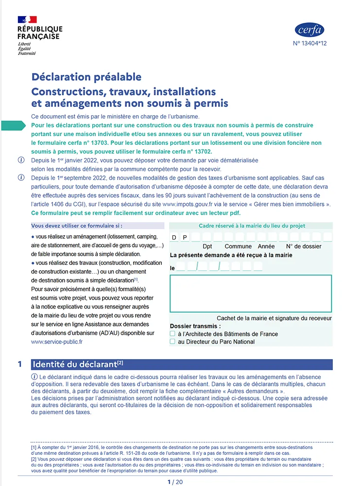 Formulaire déclaration préalable France urbanisme.